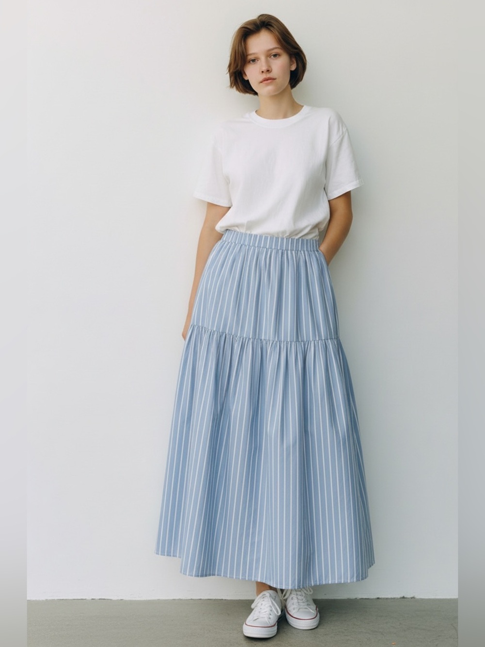 Kenneth Cole Light Blue and White Striped Midi Skirt Large
